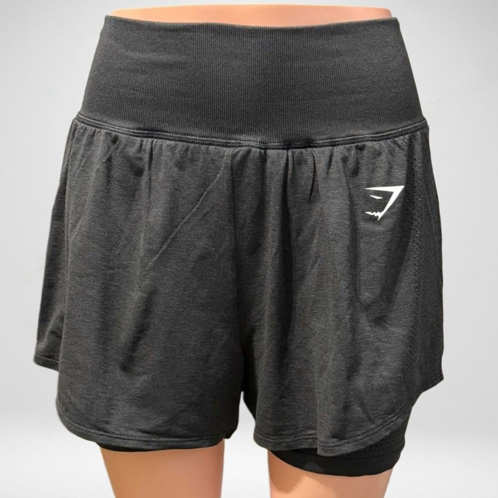 Gymshark Women Medium Charcoal Grey / Black Double Layer Running Athletic Shorts